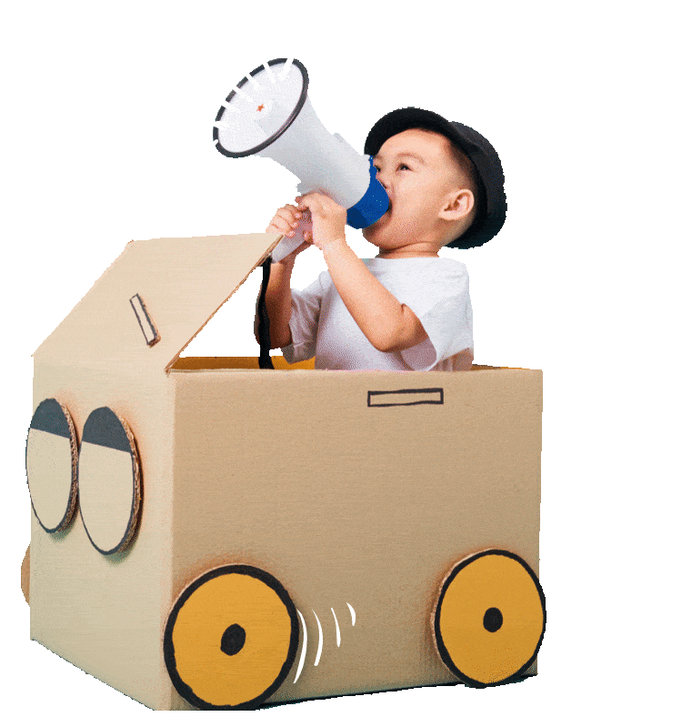 child in cardboard car with megaphone announcing something for popcorn crm for small business